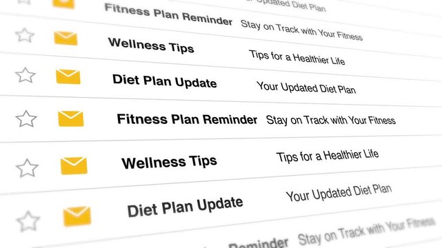 Digital email inbox interface showing repeated fitness and wellness notifications in a continuous scrolling motion for this modern software user video