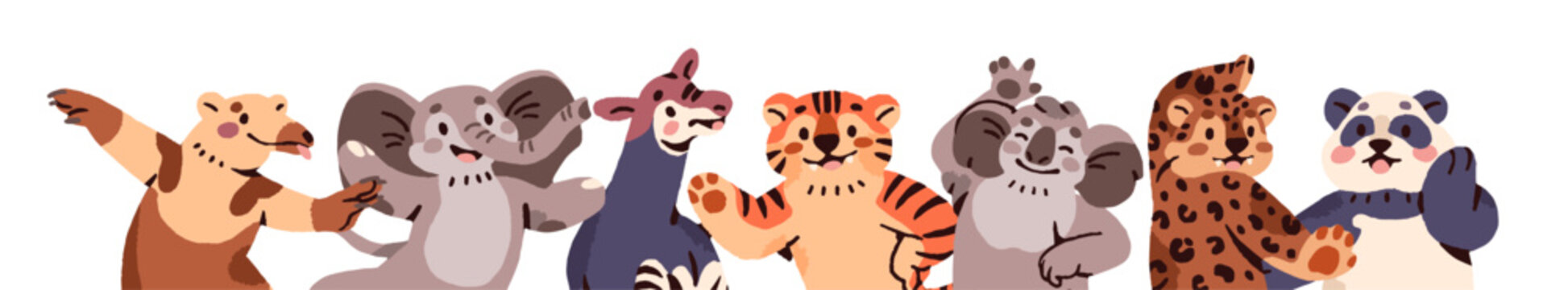 Banner with group of cute happy animals dancing together. Funny elephant, panda and tiger celebrate success. Characters have fun, move with music. Flat isolated vector illustration on white background