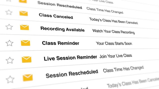 Email inbox interface displays scrolling class reminders and session notifications in this digital animation clip showing a modern professional user interface flow