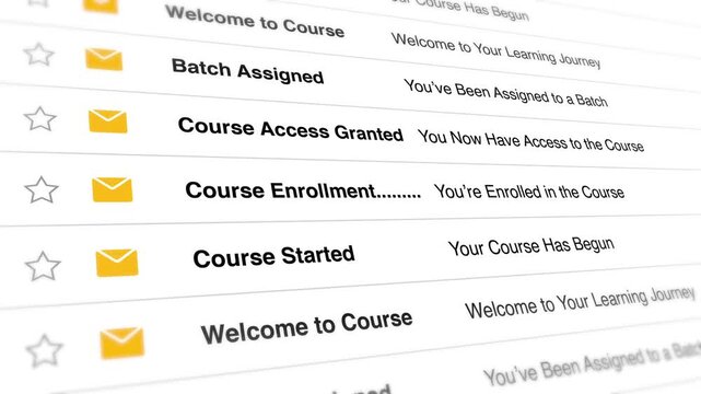 Email notifications showing course enrollment updates and learning progress messages appear in a scrolling digital animation clip for online education platform users