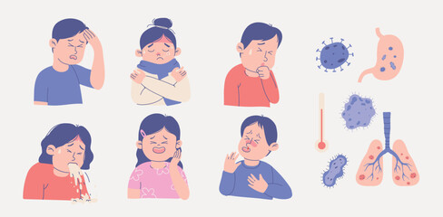 Fototapeta premium Hand-Drawn Sick Kids Illustration Set Featuring Various Illness Symptoms and Medical