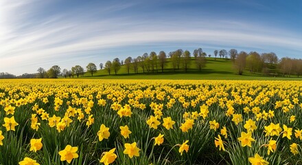 Obraz premium Expansive daffodil field with green trees and hills