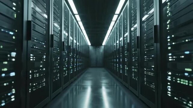 Server room corridor with illuminated racks in data center