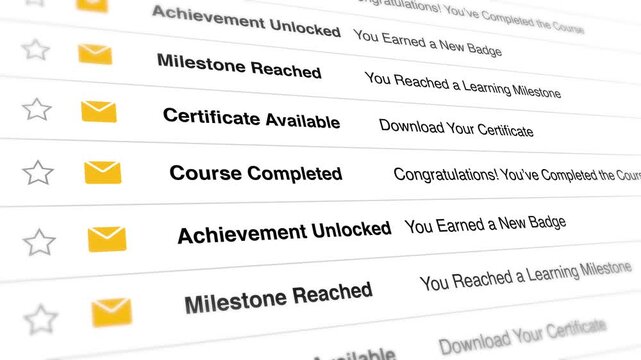 Educational email notifications appearing in a digital inbox interface during this scrolling motion animation showing progress and achievement updates for online learners