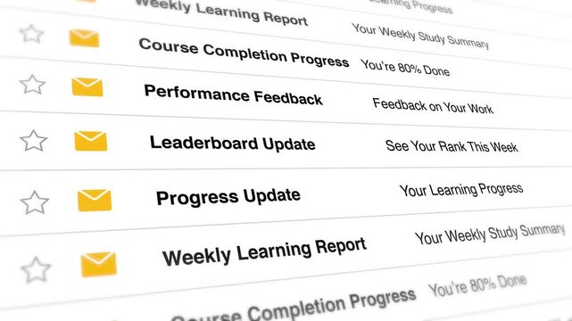 Digital email inbox interface scrolling smoothly through multiple educational notification messages in a continuous vertical motion loop for this modern software video