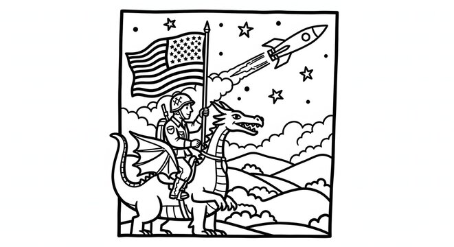 Vintage illustration dragon knight with rocket flag and stars