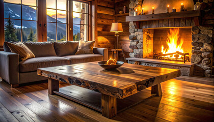 Obraz premium Cozy mountain cabin interior featuring a roaring stone fireplace and sunset views. This warm rustic living room evokes comfort and luxury, perfect for travel or home decor marketing campaigns.