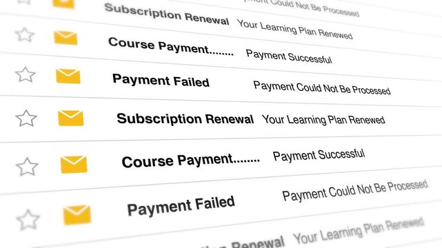 Digital interface scrolling through automated email notifications about successful course payments and failed subscription renewal alerts in a smooth motion video clip
