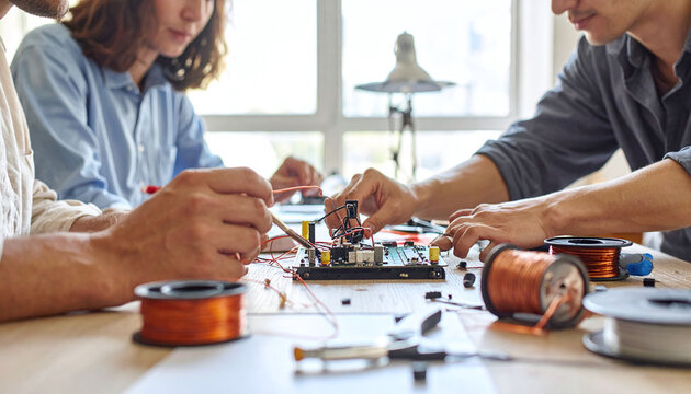 Diverse engineers collaborate on electronic hardware prototypes using soldering tools. This image captures innovation, teamwork, and STEM education in a bright, modern workshop space.