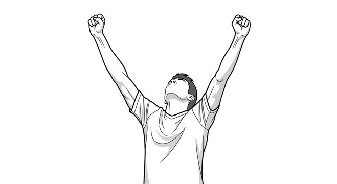 Man wearing face mask with arms raised.