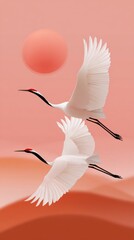 Fototapeta premium Two graceful cranes soar across a tranquil sky, wings outstretched against a warm backdrop. The sun casts a soft glow over the desert dunes, creating a peaceful ambiance