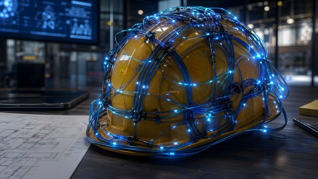 A yellow hard hat with blue lights sits on a table in a modern industrial setting with screens