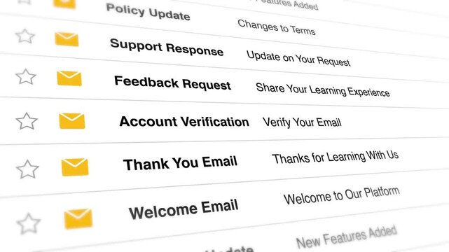 Digital email interface scrolling through incoming notifications and various messages on a high resolution screen in this smooth motion animation video clip