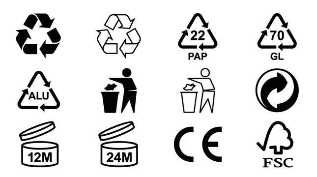 Recycling and Packaging Symbol Set Featuring Universal Recycle Logo Plastic Paper Glass ALU Material Codes CE Mark FSC Wood and Period After Opening Icons Vector Illustrations