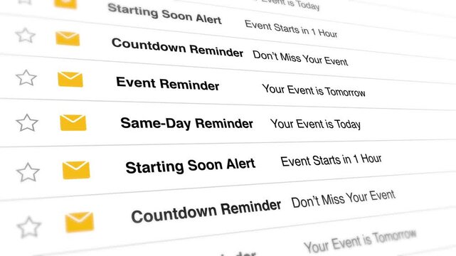 Automated email marketing notifications scroll vertically across a digital interface in this dynamic motion graphics sequence highlighting event alerts and user engagement