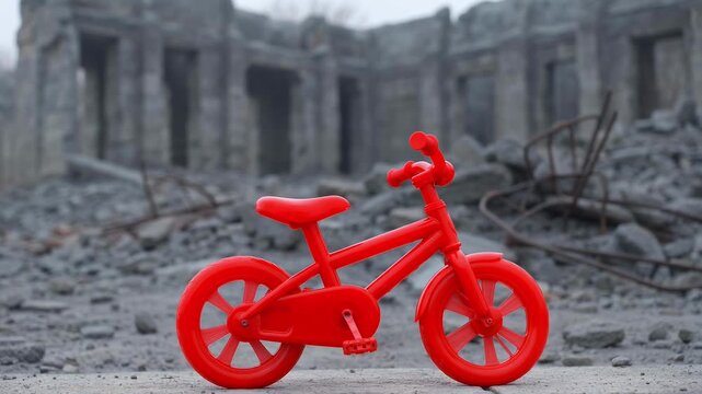 Bright red toy bicycle in abandoned urban ruins symbolizing hope