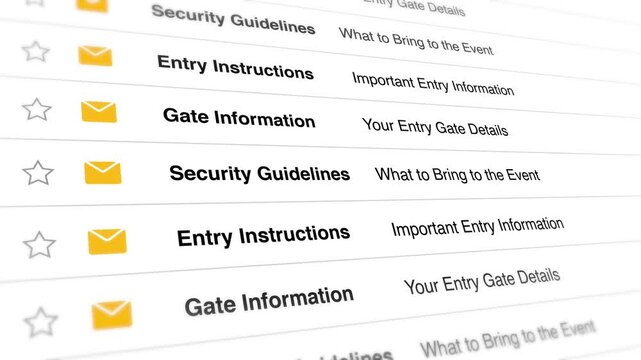 Digital email interface scrolling through important event notification messages showing entry instructions and security guidelines in a smooth motion video clip animation