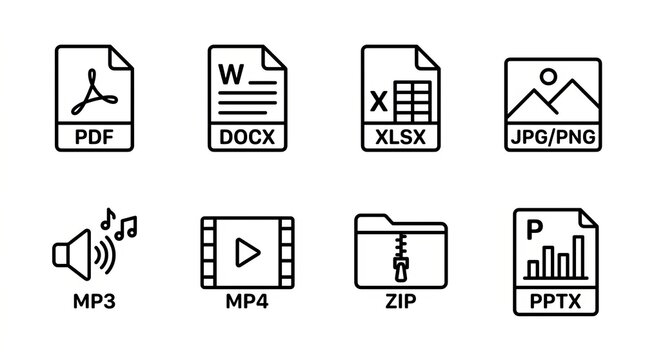 Collection of simple line icons representing various digital file formats for documents, media, and data.