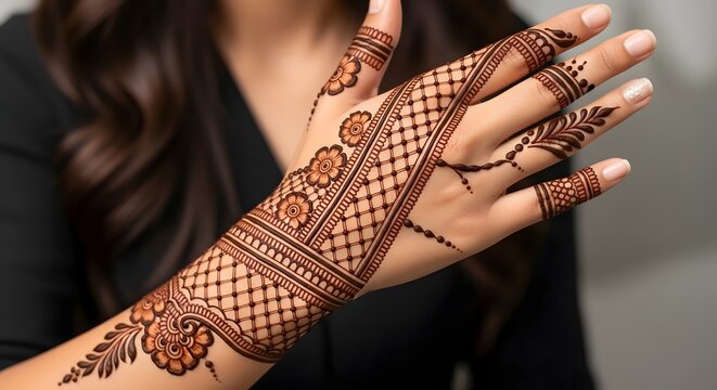 Beautiful Mehndi Design on Female Hand , Traditional Henna Art