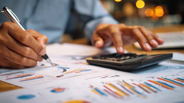 Businessman performing financial analysis and calculations with graphs and a calculator in a modern office setting during daytime
