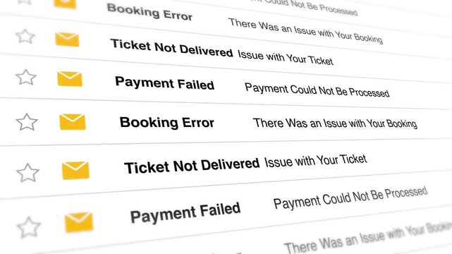 Digital email interface displaying repetitive system alert messages for booking failures and ticket delivery issues in this scrolling motion animation video clip