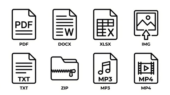 Collection of digital file format icons representing common document types and media