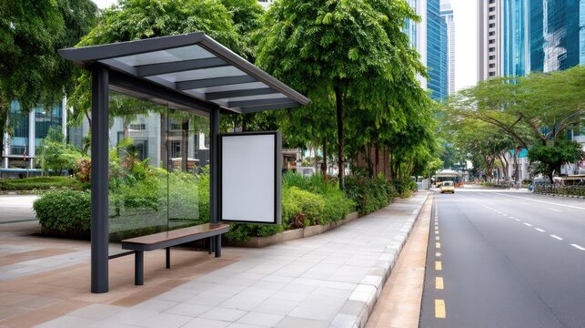 Contemporary bus stop structure with glass roof and empty billboards on a tidy sidewalk next to a busy street