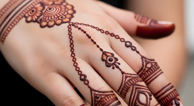 Beautiful Mehndi Design on Female Hand Holding Leaves, Traditional Henna Art