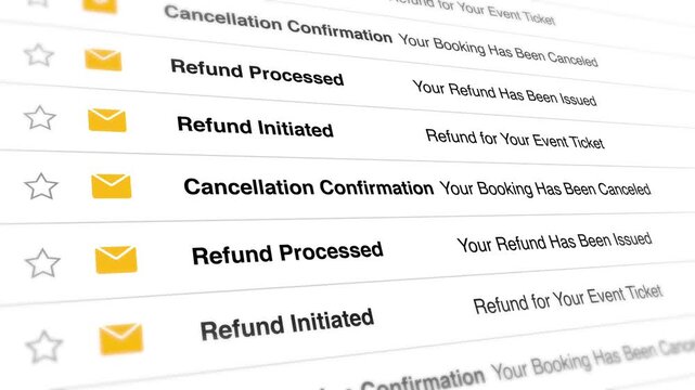 Refund notification email inbox interface displaying automated payment cancellation status updates in a continuous motion animation clip for digital user experiences online