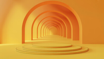 Naklejka premium An empty yellow stage with a circular podium in front of a long arched tunnel corridor