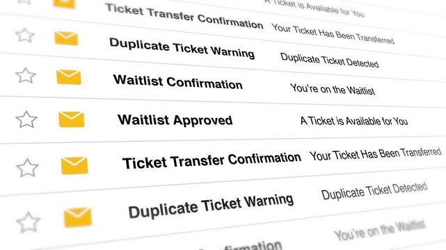Email inbox notifications scrolling rapidly in a digital animation sequence displaying multiple automated ticket transfer alerts and important system status update video footage