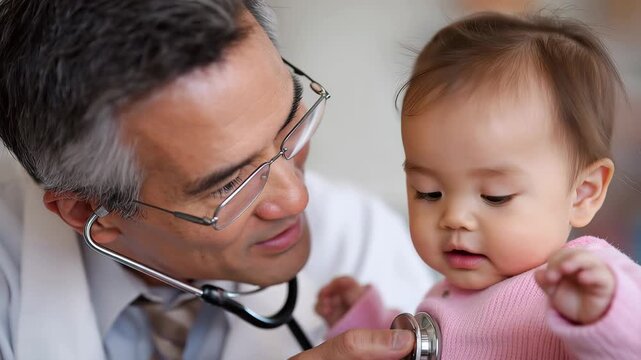 Doctor examines baby girl with a stethoscope during a check-up in a pediatric office environment while ensuring her comfort and health