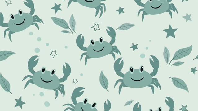 Coastal seamless pattern with cute blue crabs small stars and green leaves on a light mint background for nautical themed design.