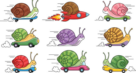 Cute cartoon snails riding vehicles and rocket in colorful playful style, funny animal characters illustration for kids transportation and imaginative design themes