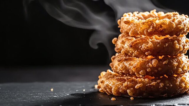 Crispy golden onion rings stacked with steam rising, close-up on dark background
