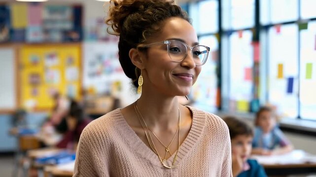 Engaging female teacher interacts with elementary students in a vibrant classroom during a lively lesson on a sunny school day