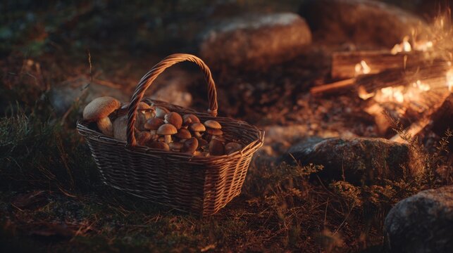 basket of mushrooms near campfire evening forest warm glow firelight cozy outdoor scene cinematic
