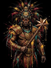 Obraz premium Aztec Warrior King with Jaguar Headdress and Golden Mace.