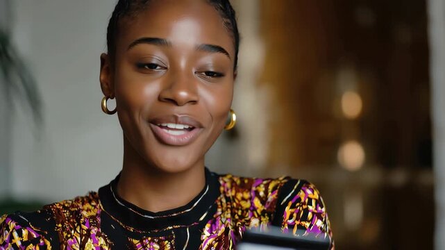 Young African American woman happily shopping online with a credit card in a stylish setting during daytime