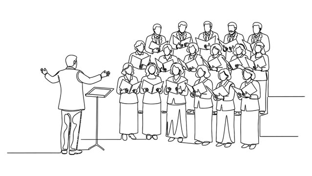 Continuous one line drawing of a choir with a conductor.