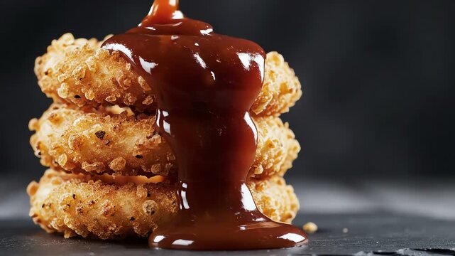 Crispy onion rings stacked and drizzled with sauce on a dark background, close-up shot.