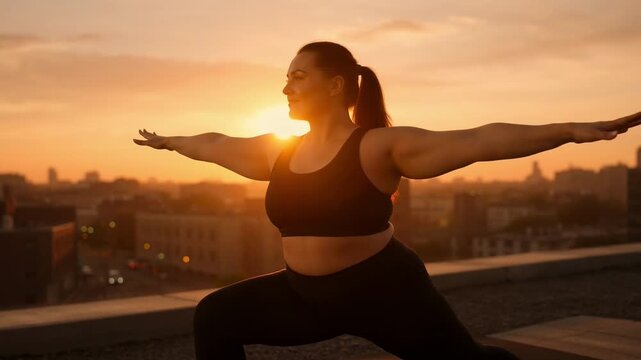 Plus size woman practicing warrior pose yoga on urban rooftop at sunset
