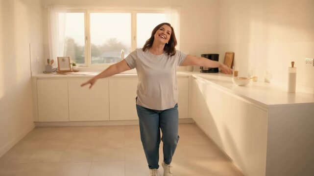 Happy woman dancing in modern kitchen with arms raised