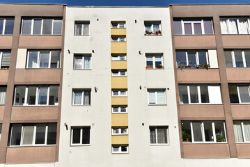 Typical facade of concrete panel building. Post Soviet flat of blocks © salajean