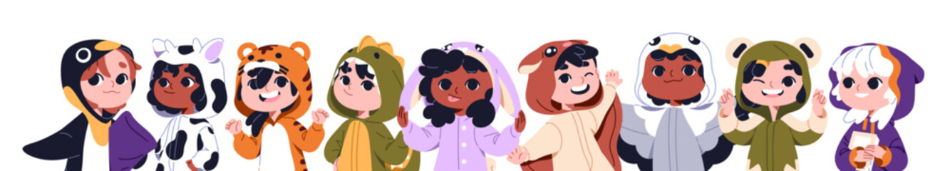 Banner with group of children in cute kigurumi. Kids are wearing animal costumes with hoods together. Little girl and boys are in funny pajamas. Flat isolated vector illustration on white © Paper Trident