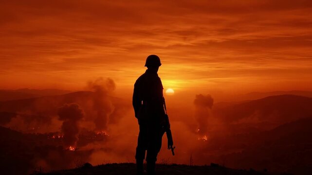 Soldier standing on ridge watching burning landscape at sunset