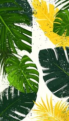 Naklejka premium Tropical Leaf Design Featuring Retro Grain Texture Background and Vibrant Foliage for Summer Vibes