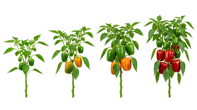 Set of red and orange chili pepper plants for spicy food farm frontal isolated png on a transparent background perfectly cutout high resolution