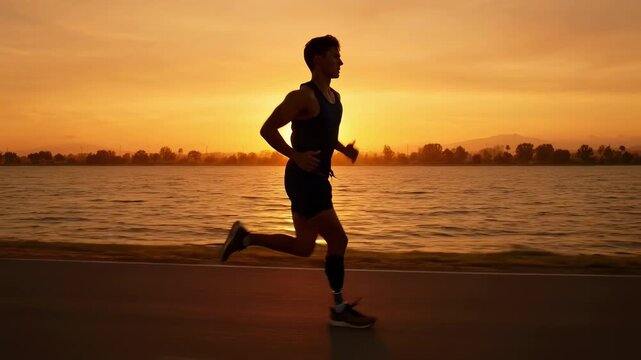 Young man with prosthetic leg jogging on beach at sunset