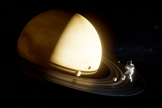 3D golden ring planet with astronaut in dark cosmic field